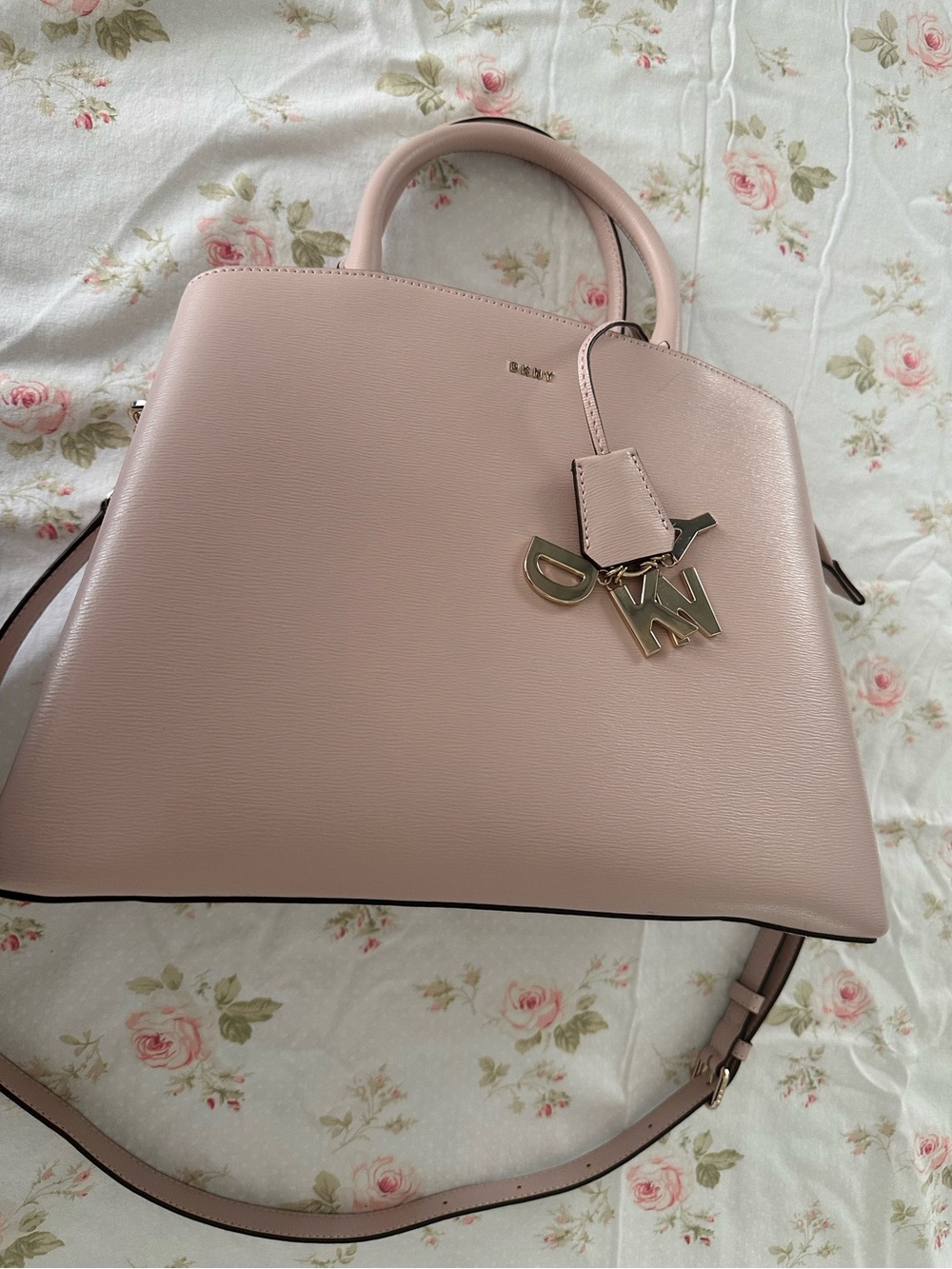 DKNY Blush Pink Saffiano Leather Paige Satchel with Gold Logo Charm